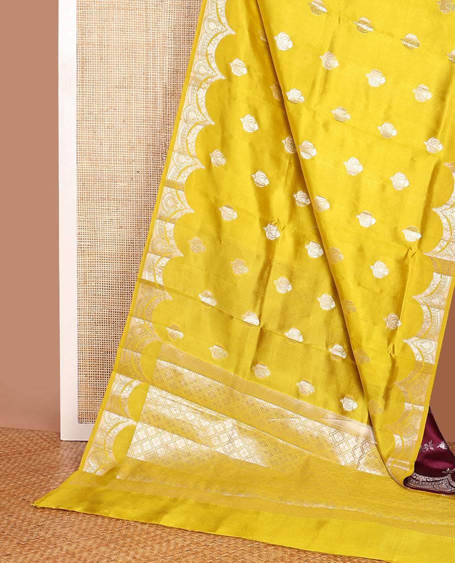 Yellow zari buttas raw mango silk saree, zari border of scallop designs & jaal design pallu