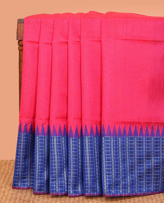 Pink plain dupion saree, contrast butta enclosed checked temple border, and buttas woven pallu