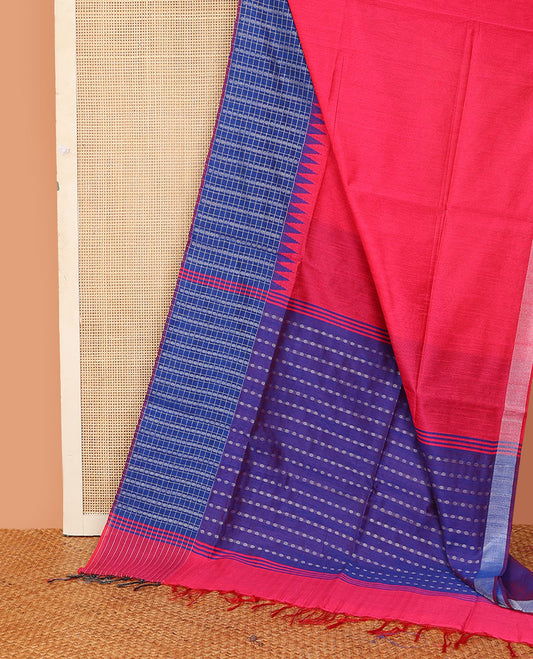 Pink plain dupion saree, contrast butta enclosed checked temple border, and buttas woven pallu