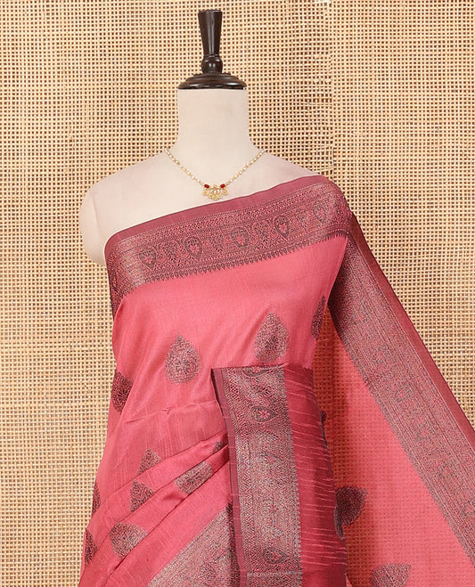 Peach buttas dupion saree, traditional border, and contrast pallu of sequins stripes