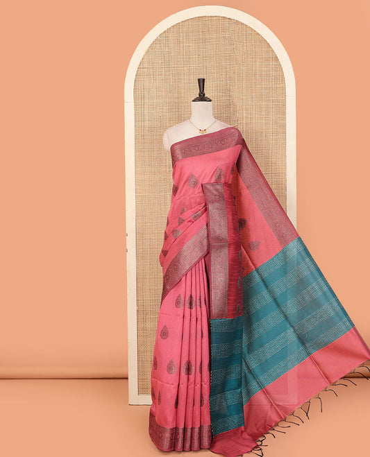 Peach buttas dupion saree, traditional border, and contrast pallu of sequins stripes