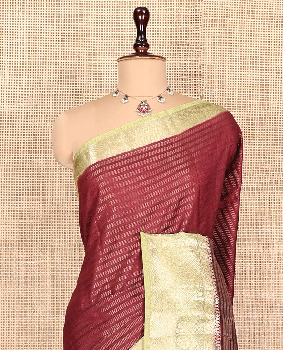Maroon Semi-Banarasi Dupion Saree, Detailed with Stripes, a Contrast Floral Creeper Zari Border, Striped Pallu, and a Contrast Blouse