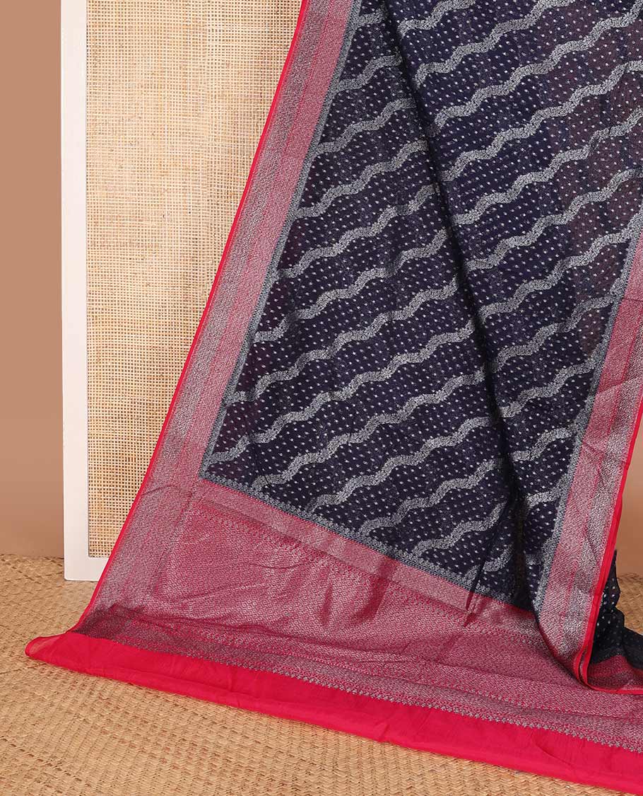 Deep blue diagonal zig-zag floral vine woven fancy saree, contrast zari border, and zari woven pallu