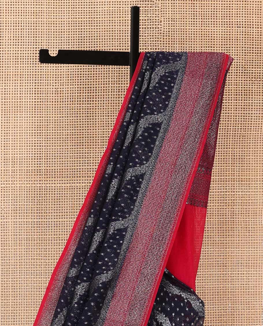 Deep blue diagonal zig-zag floral vine woven fancy saree, contrast zari border, and zari woven pallu