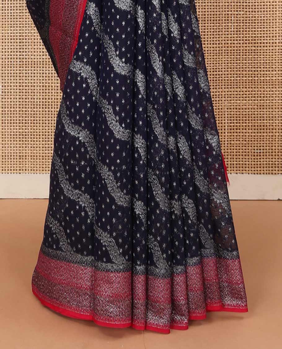 Deep blue diagonal zig-zag floral vine woven fancy saree, contrast zari border, and zari woven pallu