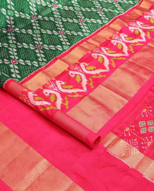 Green jaal ikkat saree, contrast zari border of bird motif ikkat weave & pallu of ikkat designs