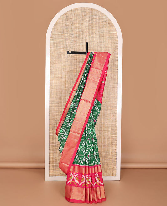 Green jaal ikkat saree, contrast zari border of bird motif ikkat weave & pallu of ikkat designs
