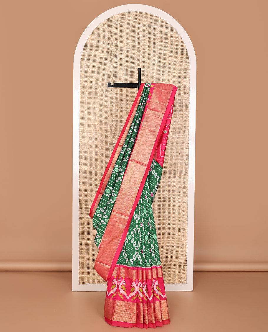 Green jaal ikkat saree, contrast zari border of bird motif ikkat weave & pallu of ikkat designs