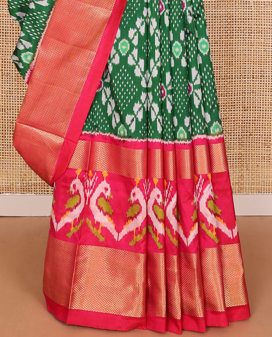 Green jaal ikkat saree, contrast zari border of bird motif ikkat weave & pallu of ikkat designs