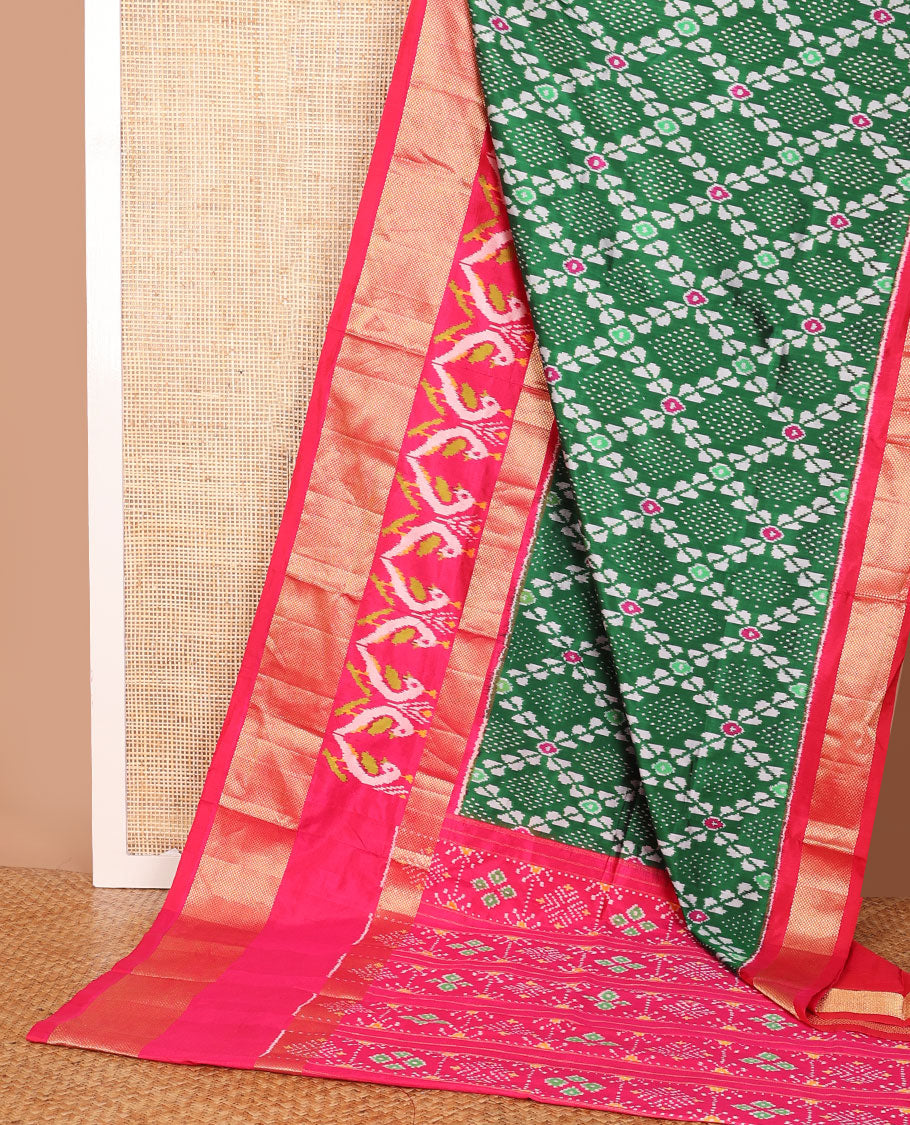 Green jaal ikkat saree, contrast zari border of bird motif ikkat weave & pallu of ikkat designs