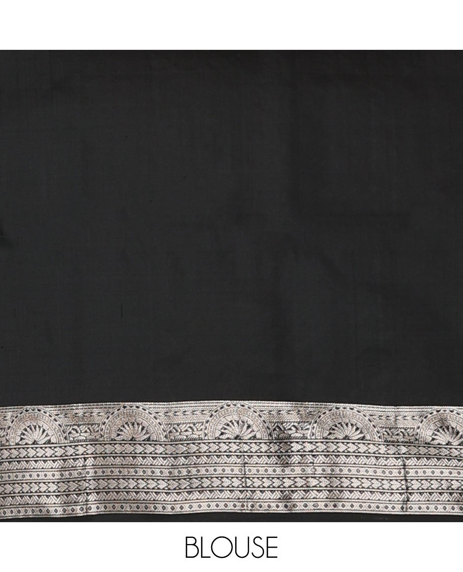 Half-white colorful jaal-patterned pure ikkat saree, contrast traditional zari design black border & pallu of geometric zari designs