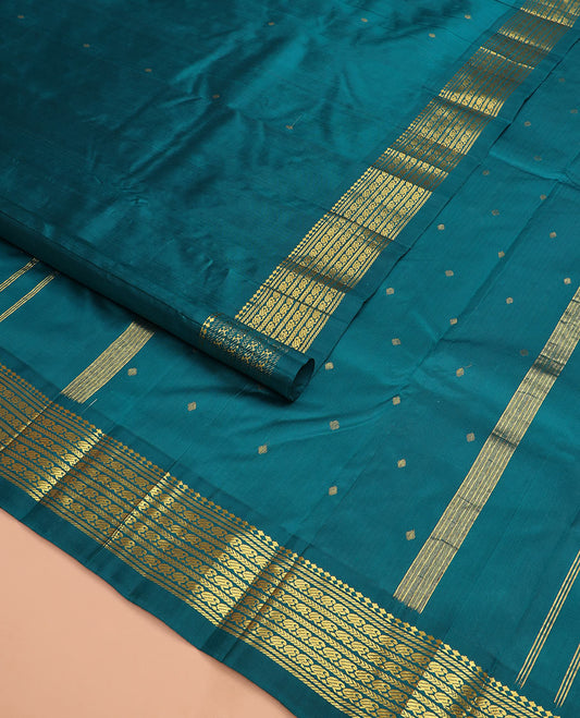Blue zari buttas Kanchipuram silk saree, zari one-sided border of paneer sombu, banaras, kathir, manga mokku designs, and zari design pallu