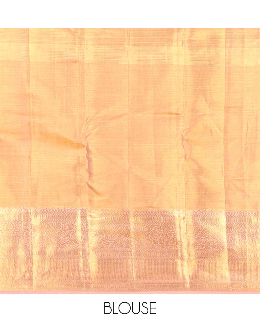 Light orange floral jacquard kancheepuram silk saree with contrast zari design & floral design pallu