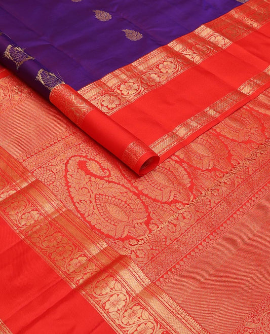 Violet zari buttas silk saree, contrast rettai pettu border of thilakam mokku,neli,mayil kann & kodi visiry & manga design pallu