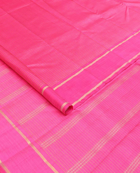 Pink zari micro-checked Kanchipuram silk saree, rettai pettu zari striped border, and zari striped pallu