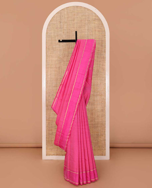 Pink zari micro-checked Kanchipuram silk saree, rettai pettu zari striped border, and zari striped pallu