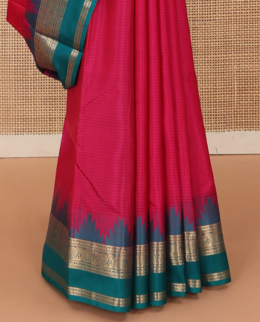 Red vazhaipoo striped Kanchipuram silk saree, contrast thazampoo rekku rettai pettu border of kodi visiry designs, and diagonally woven motifs steeped pallu