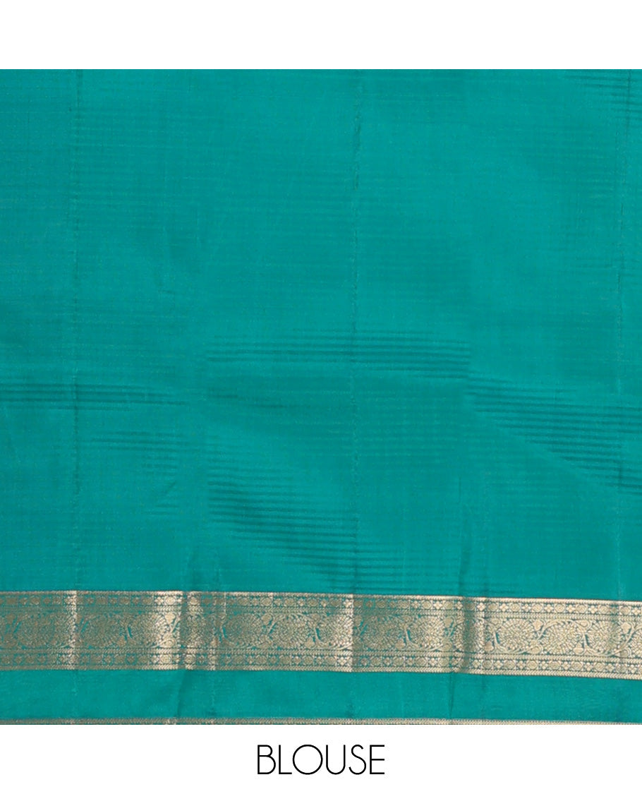 Red vazhaipoo striped Kanchipuram silk saree, contrast thazampoo rekku rettai pettu border of kodi visiry designs, and diagonally woven motifs steeped pallu