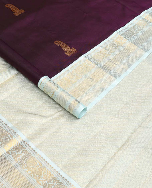 Eggplant purple zari buttas Kanchipuram silk saree, contrast korvai border of rekku, muthu, mayil, kuyil kann, and ara maadam designs, and intricately zari woven pallu