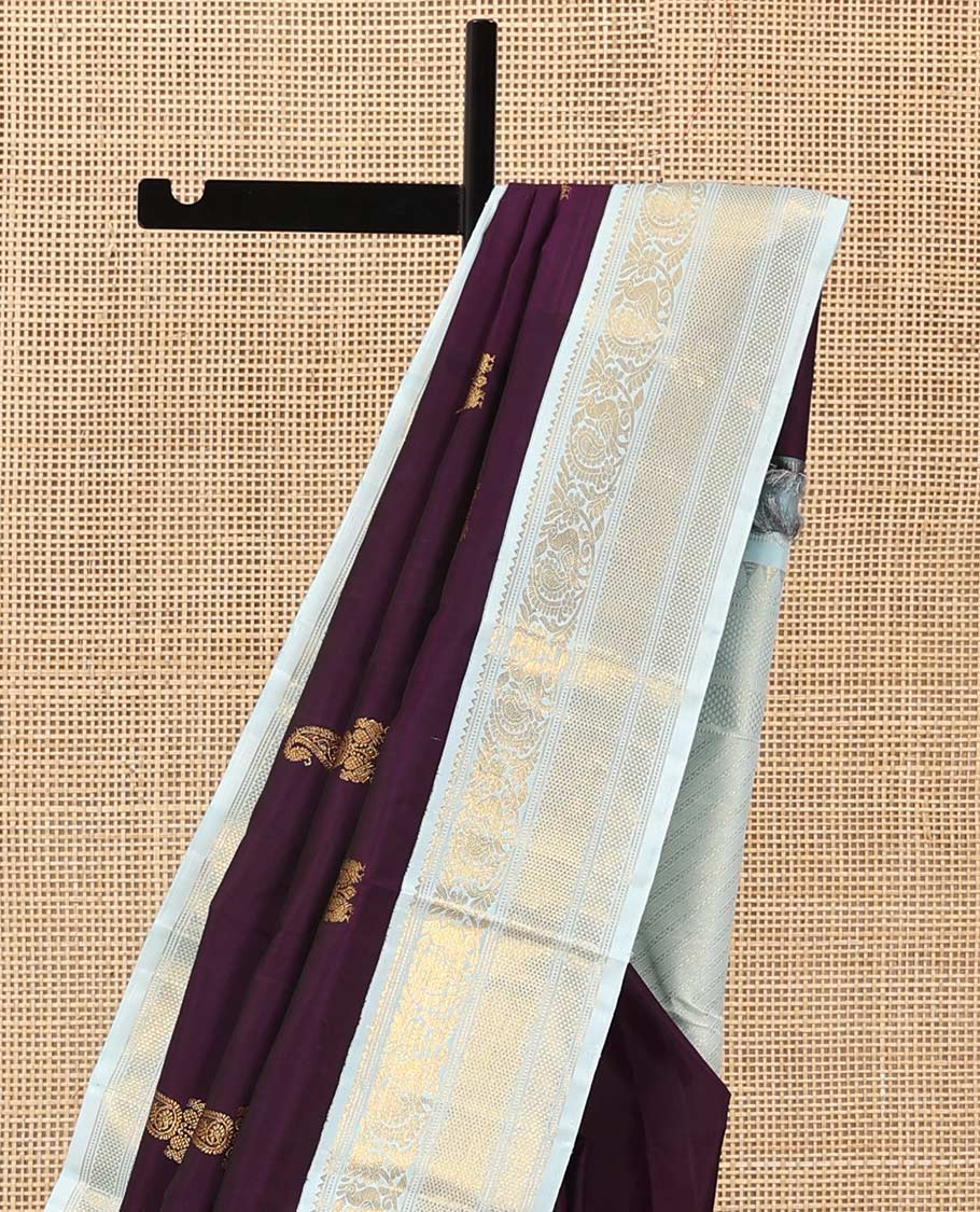 Eggplant purple zari buttas Kanchipuram silk saree, contrast korvai border of rekku, muthu, mayil, kuyil kann, and ara maadam designs, and intricately zari woven pallu