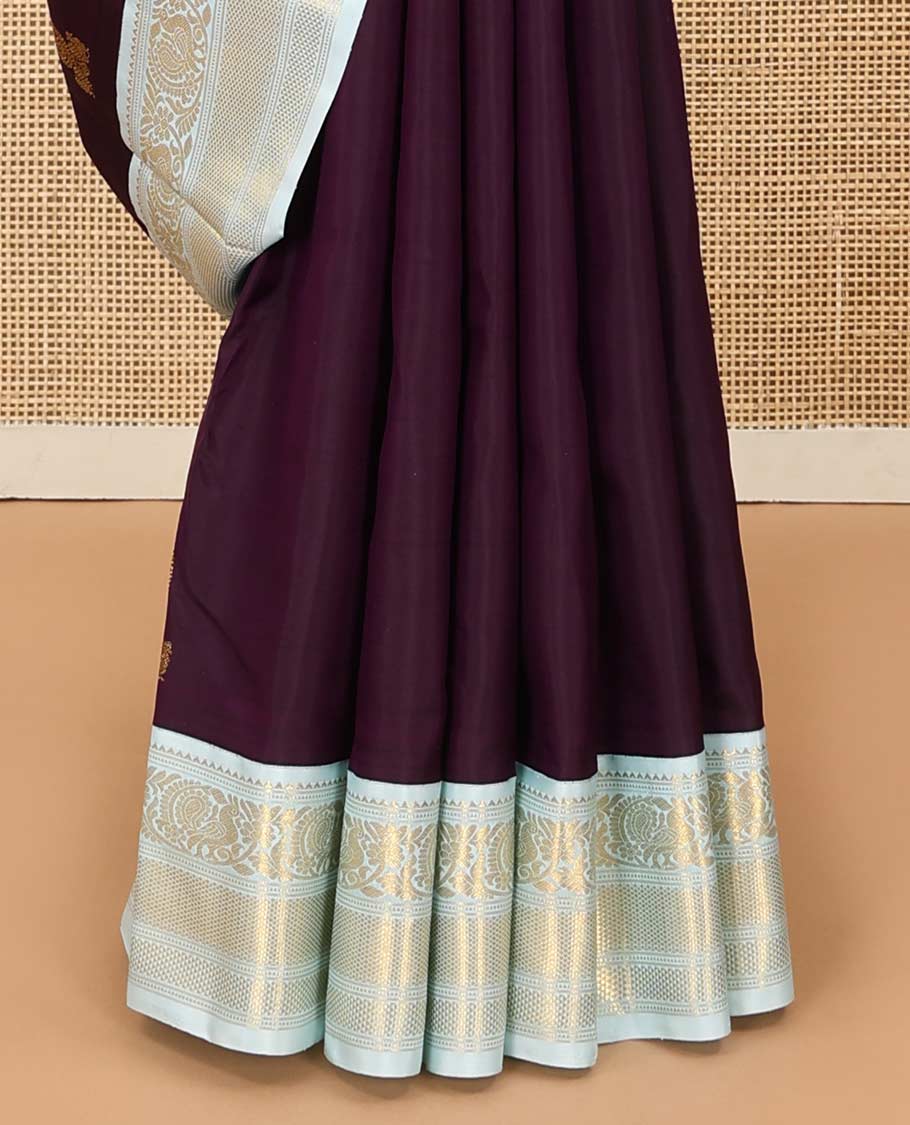 Eggplant purple zari buttas Kanchipuram silk saree, contrast korvai border of rekku, muthu, mayil, kuyil kann, and ara maadam designs, and intricately zari woven pallu