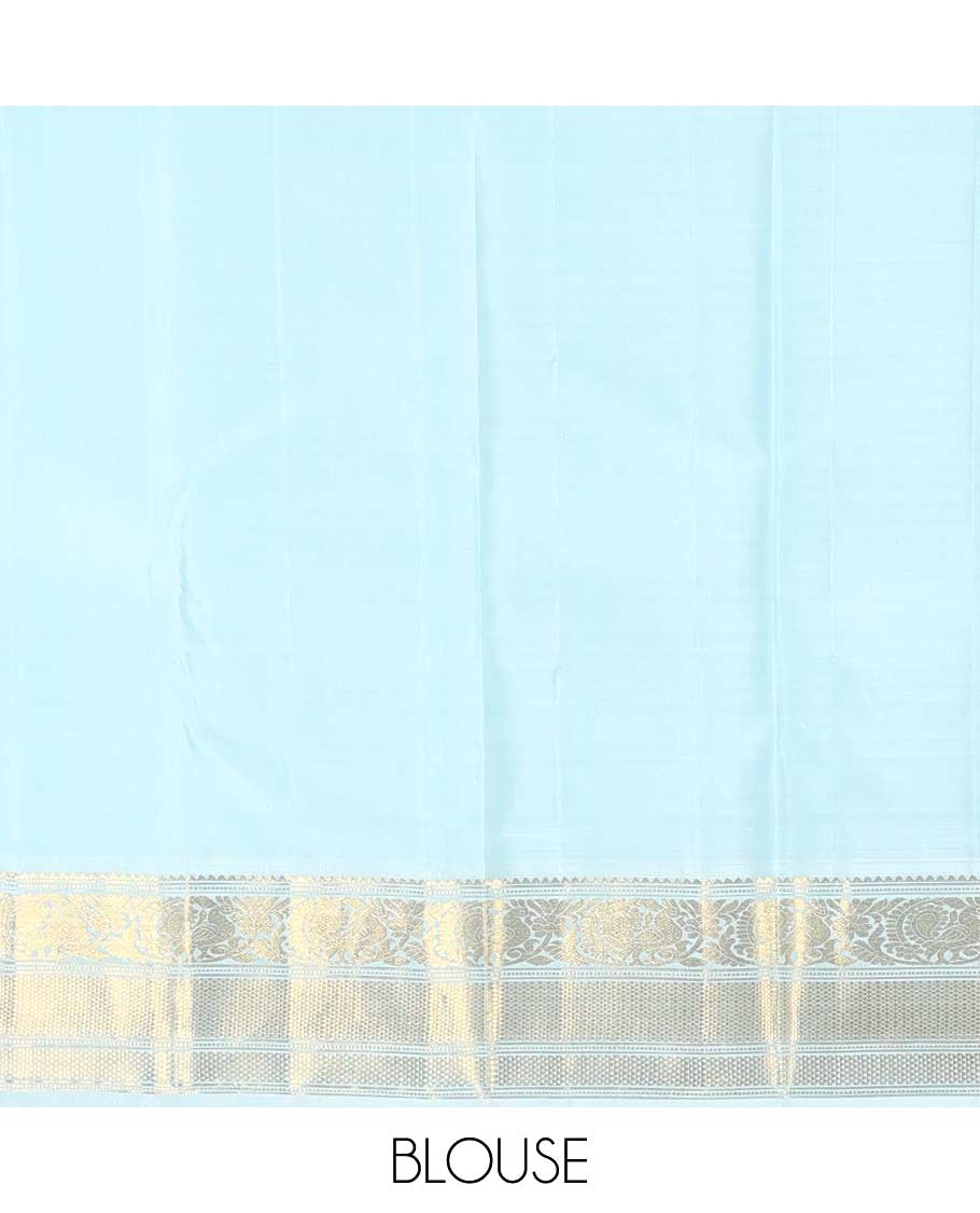 Eggplant purple zari buttas Kanchipuram silk saree, contrast korvai border of rekku, muthu, mayil, kuyil kann, and ara maadam designs, and intricately zari woven pallu