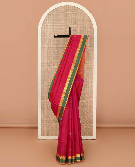 Pink striped Kanchipuram silk saree, contrast rettai pettu border of vanki manga, and kathir designs, and zari design pallu