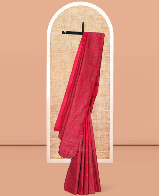 Borderless Red Kanchipuram Designer Silk Saree, Sparsely Sparkled with Zari Buttas and Jacquard Design, Jaal Pallu, and a Matching Blouse