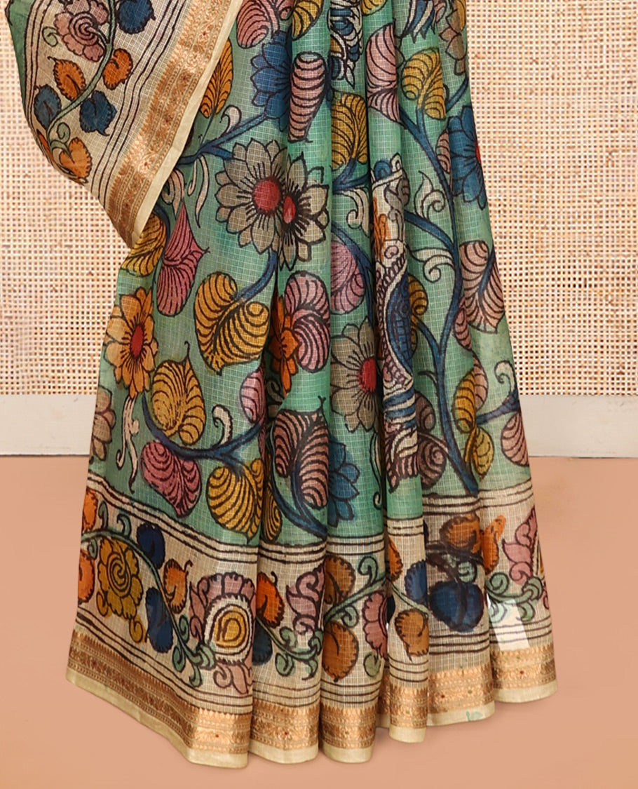 Green Floral-Peacock Pen Kalamkari Silk Saree, Contrast Floral Print Zari Border, Ancient Motif Pallu, a Contrast Blouse