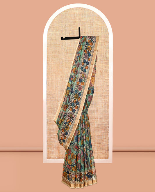 Green Floral-Peacock Pen Kalamkari Silk Saree, Contrast Floral Print Zari Border, Ancient Motif Pallu, a Contrast Blouse