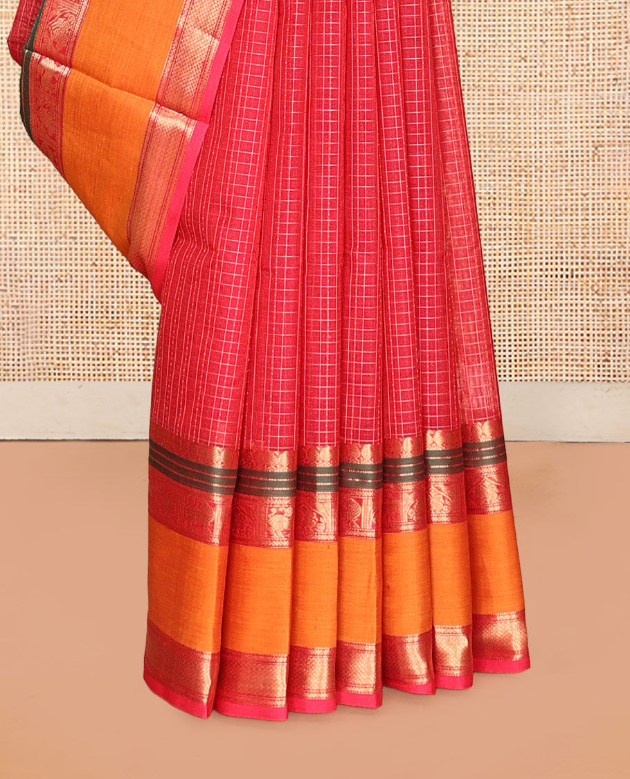 Red Buttas-Checked Kuppadam Silk Saree, a Contrast Double-Pet Peacock-Yazhi Border, Grand Pallu, Matching Blouse