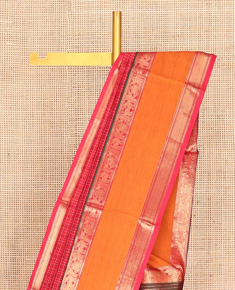 Red Buttas-Checked Kuppadam Silk Saree, a Contrast Double-Pet Peacock-Yazhi Border, Grand Pallu, Matching Blouse