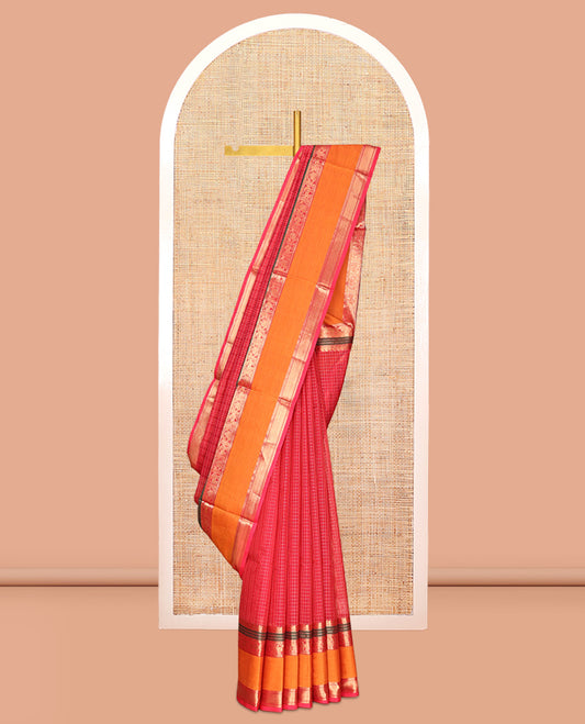Red Buttas-Checked Kuppadam Silk Saree, a Contrast Double-Pet Peacock-Yazhi Border, Grand Pallu, Matching Blouse