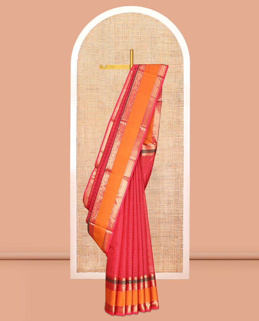 Red Buttas-Checked Kuppadam Silk Saree, a Contrast Double-Pet Peacock-Yazhi Border, Grand Pallu, Matching Blouse