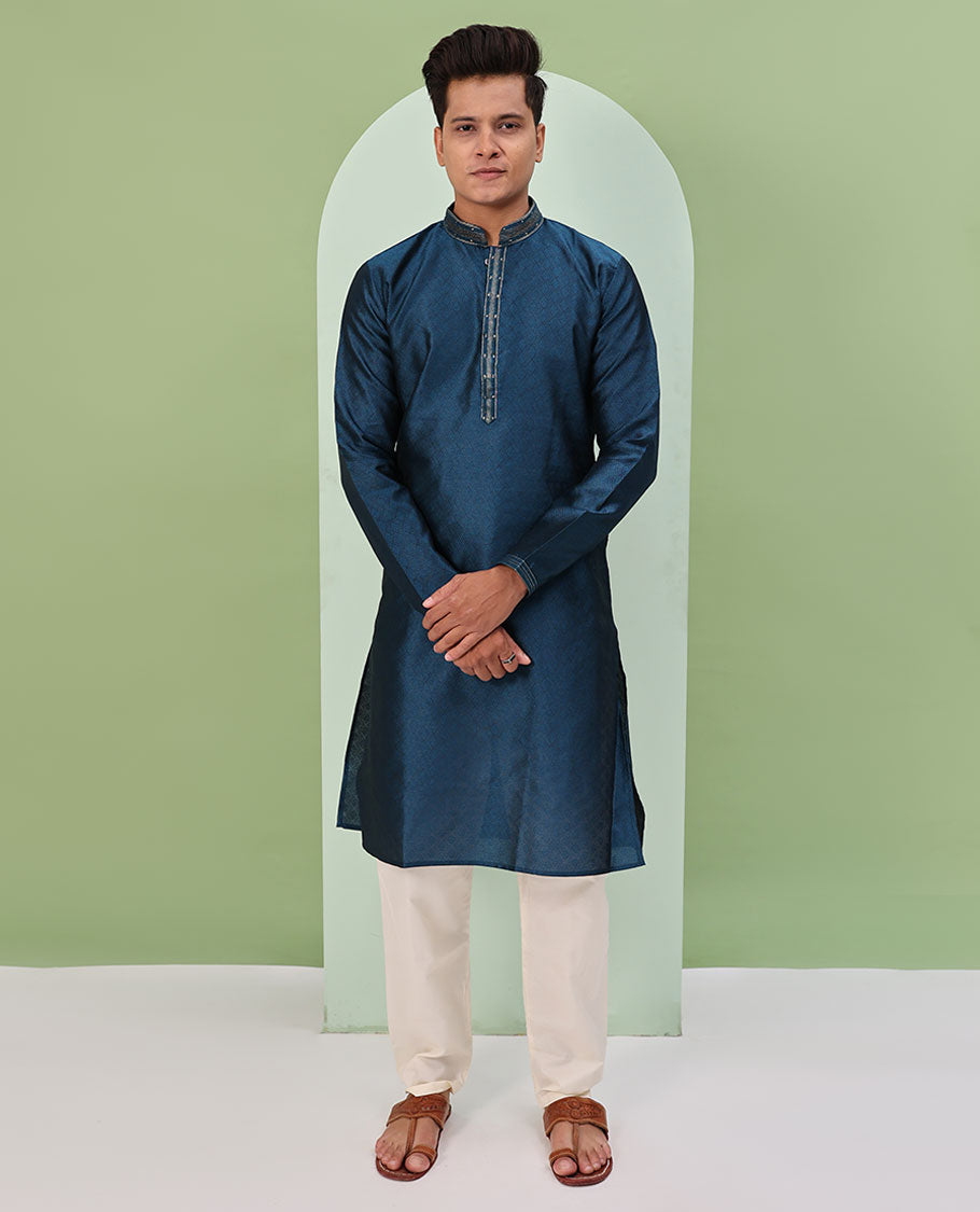 Peacock blue chevron embossed & neck work full-sleeved kurta
