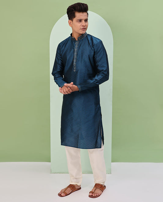 Peacock blue chevron embossed & neck work full-sleeved kurta