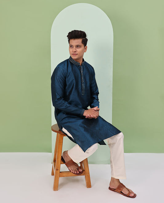 Peacock blue chevron embossed & neck work full-sleeved kurta