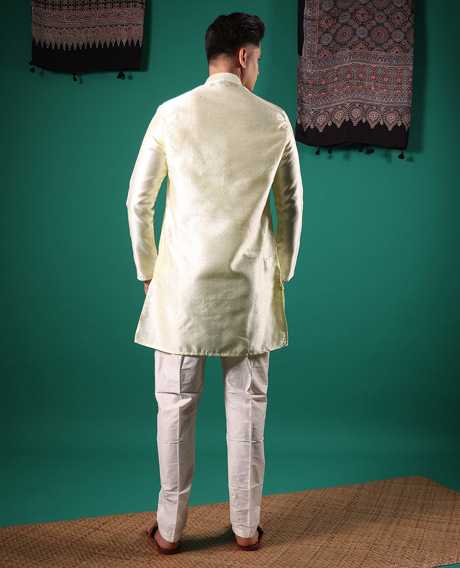 Cream peacock eye style diamond pattern embossed full-sleeved men's kurta