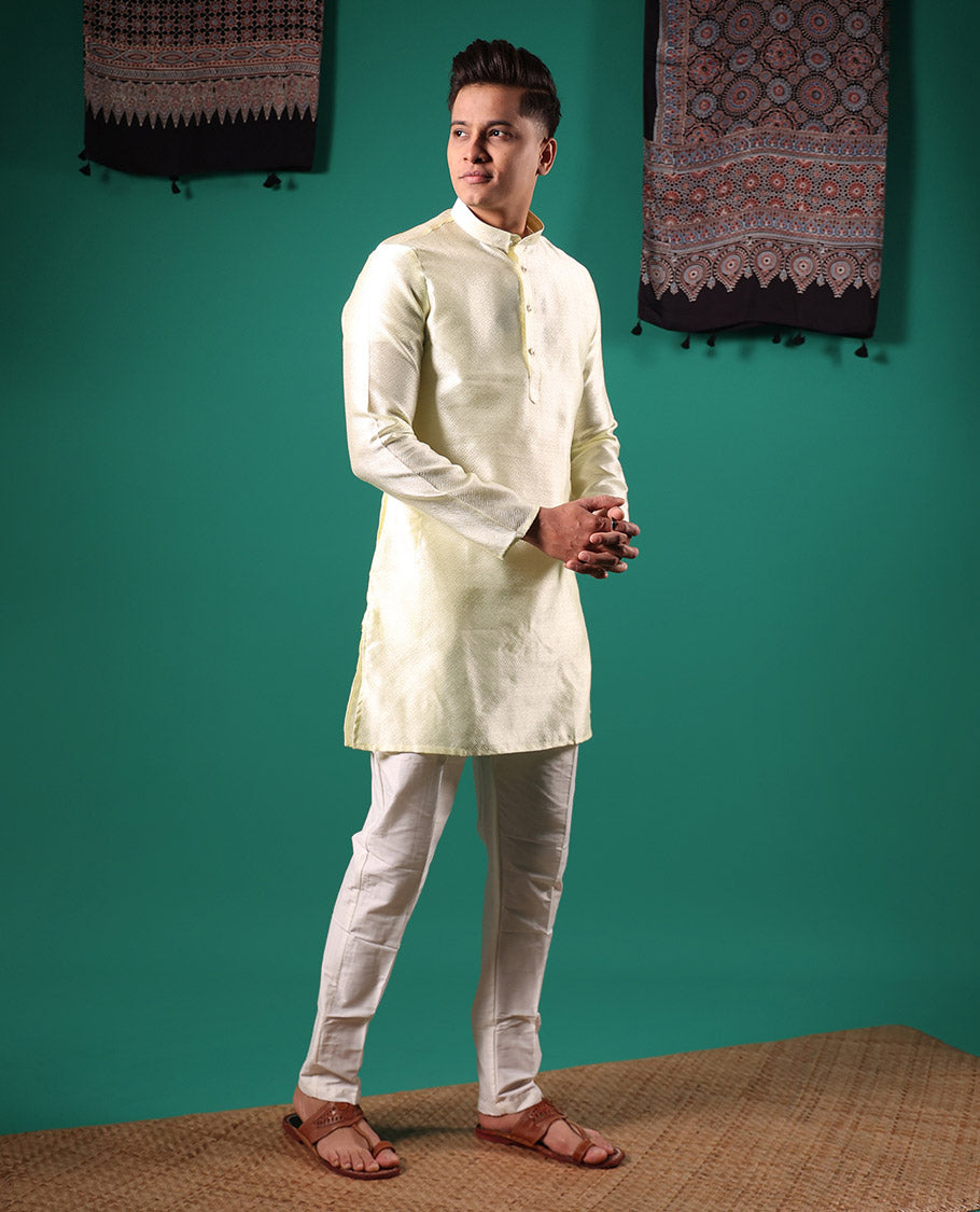 Cream peacock eye style diamond pattern embossed full-sleeved men's kurta