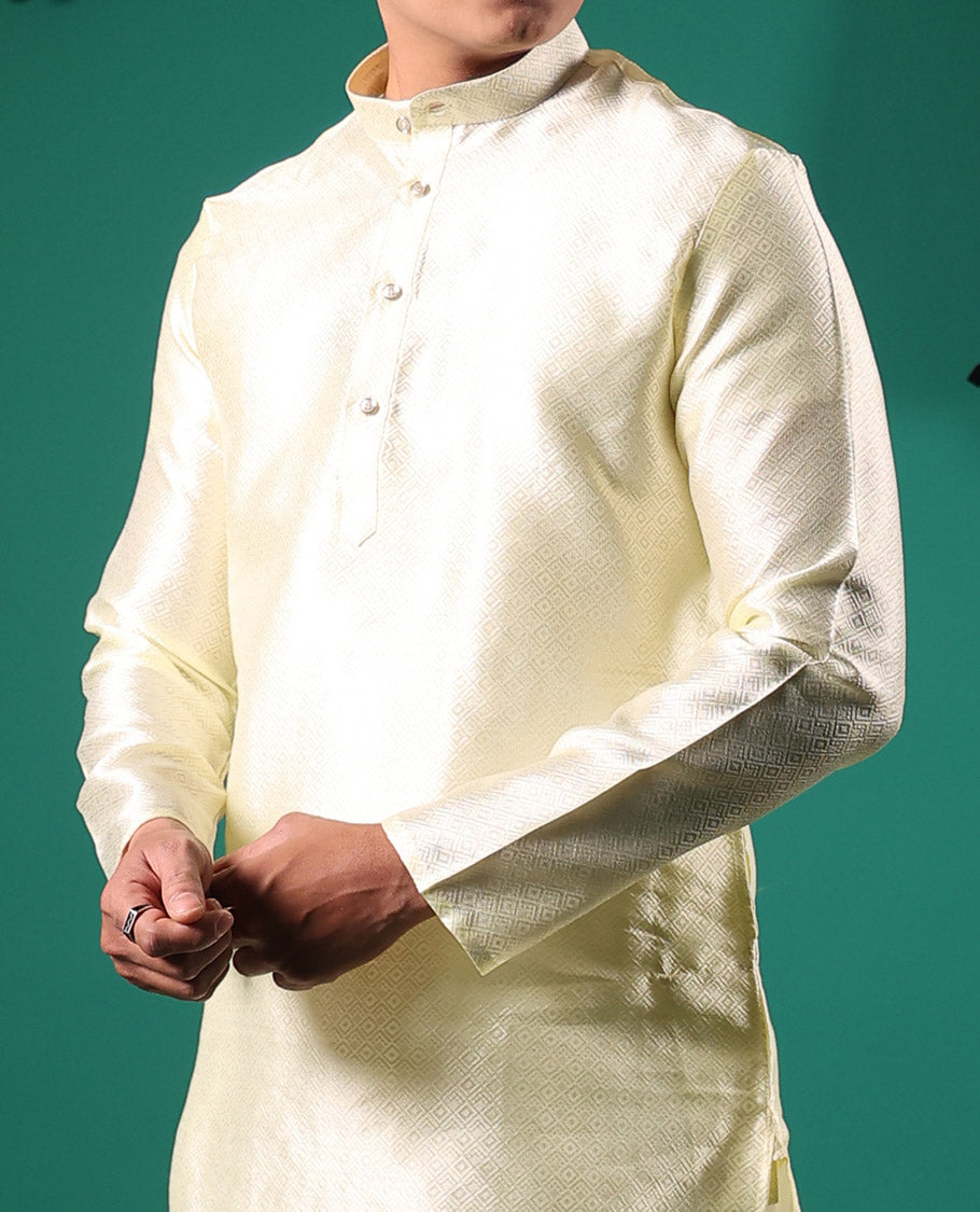 Cream peacock eye style diamond pattern embossed full-sleeved men's kurta