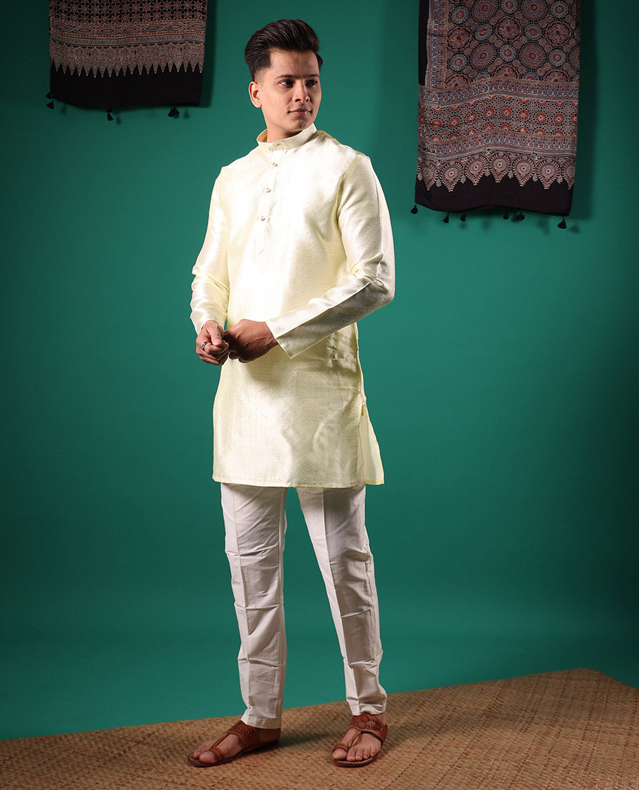 Cream peacock eye style diamond pattern embossed full-sleeved men's kurta