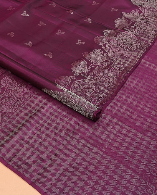 Purple Mayuri Soft Silk Saree, Mesmerized with Leaf Buttas, Highlighted by a Zari Border Depicting Floral and Butterflies, Pallu of Zari Checks, and Paired with a Matching Blouse