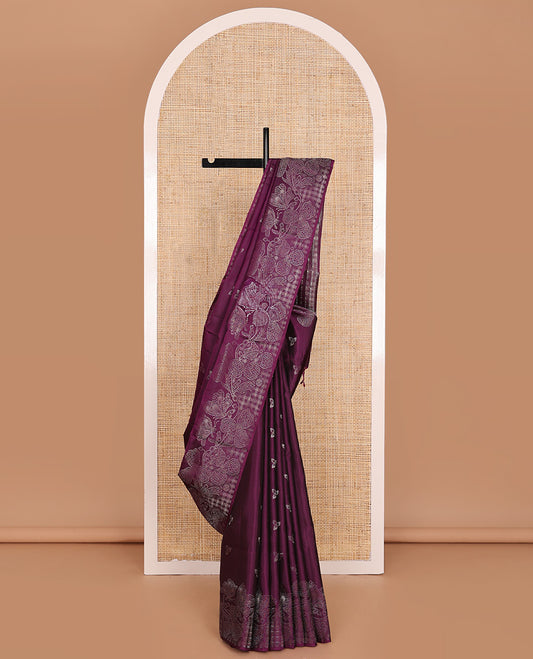 Purple Mayuri Soft Silk Saree, Mesmerized with Leaf Buttas, Highlighted by a Zari Border Depicting Floral and Butterflies, Pallu of Zari Checks, and Paired with a Matching Blouse
