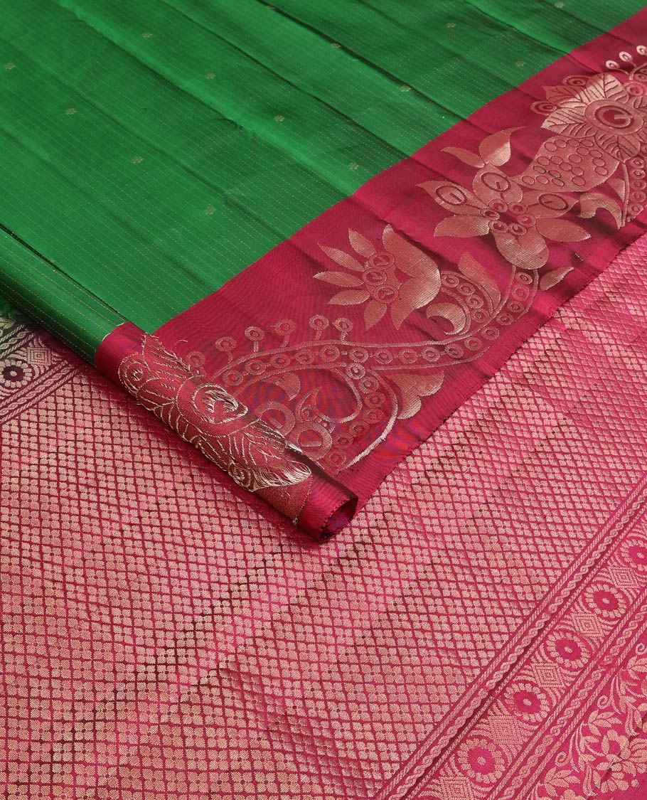 Green stripes and zari buttas soft silk saree, contrast floral design border, and jaal pallu