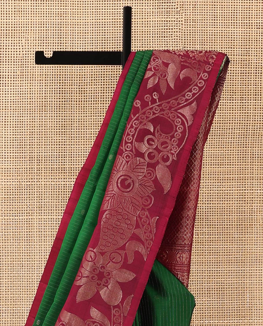 Green stripes and zari buttas soft silk saree, contrast floral design border, and jaal pallu
