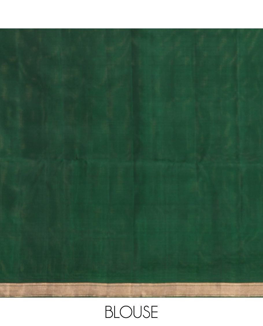 Green leaf buttas soft silk saree, piping zari border, and pallu steeped with unique leaf motifs
