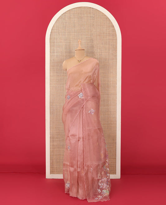 Onion pink tropical floral motifs thread embroidered organza saree, scallop border, and floral embroidered pallu