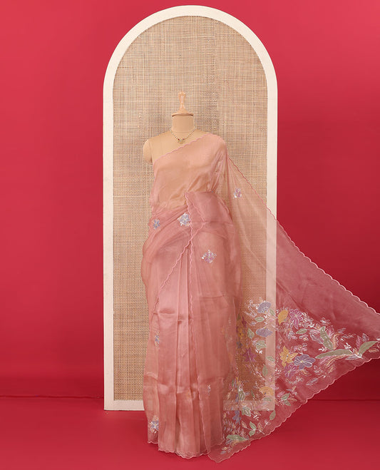 Onion pink tropical floral motifs thread embroidered organza saree, scallop border, and floral embroidered pallu