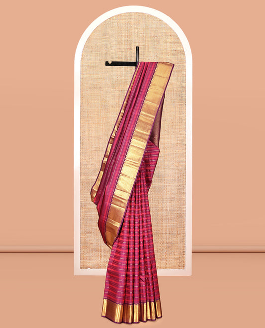 Purple Neli Embossed Parambara Silk Saree, a Zari Border of Salngai, Kathir, Mayil, and Manga Designs, Grand Pallu, and Matching Blouse