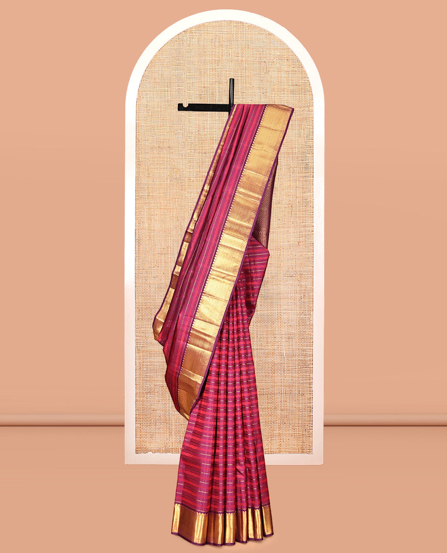 Purple Neli Embossed Parambara Silk Saree, a Zari Border of Salngai, Kathir, Mayil, and Manga Designs, Grand Pallu, and Matching Blouse